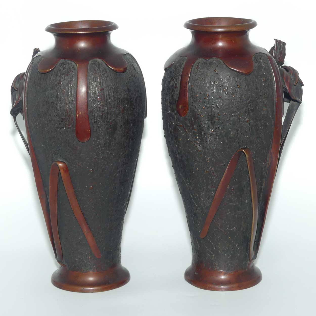 Pair of Meiji period Japanese Bronze vases with applied Iris decoration