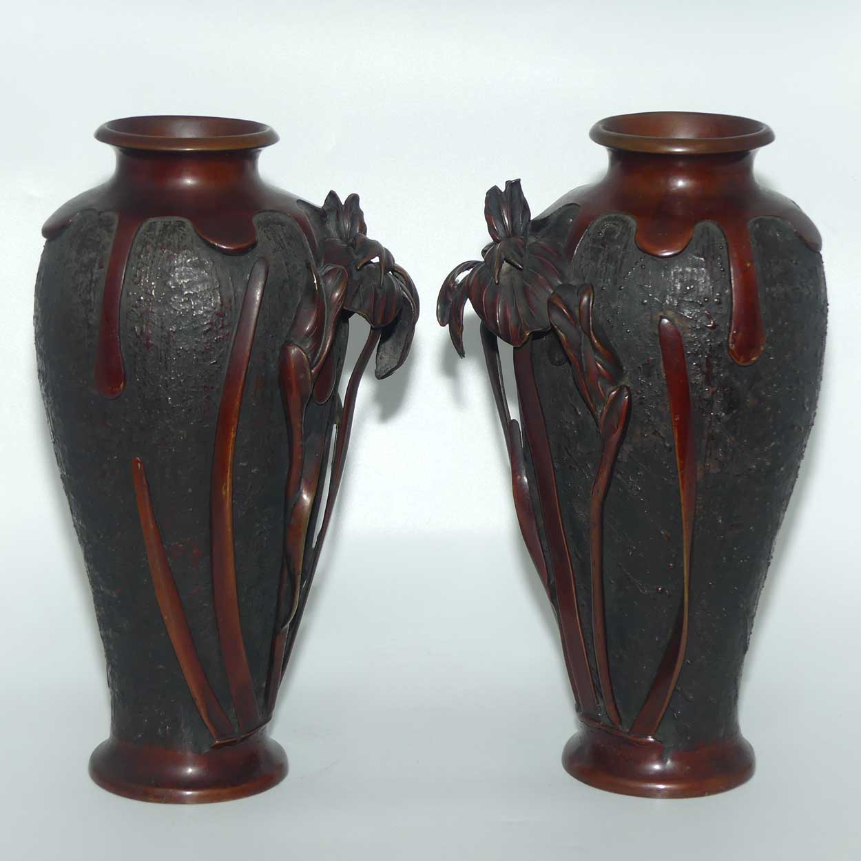 Pair of Meiji period Japanese Bronze vases with applied Iris decoration