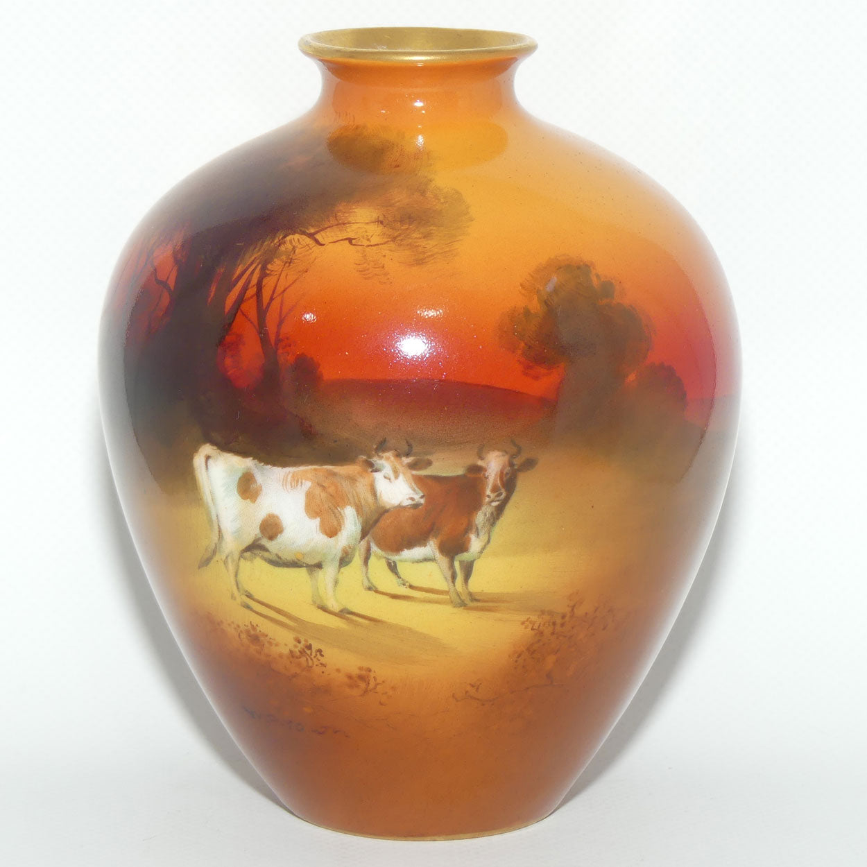 Royal Doulton hand painted and gilt Cattle bulbous vase |Brown|