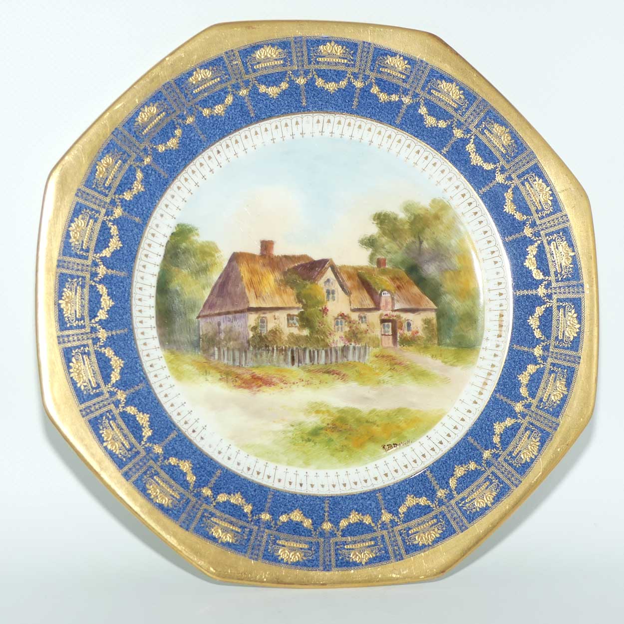 Royal Doulton hand painted and gilt English Thatched Cottage octagonal shape plate | signed R Brown