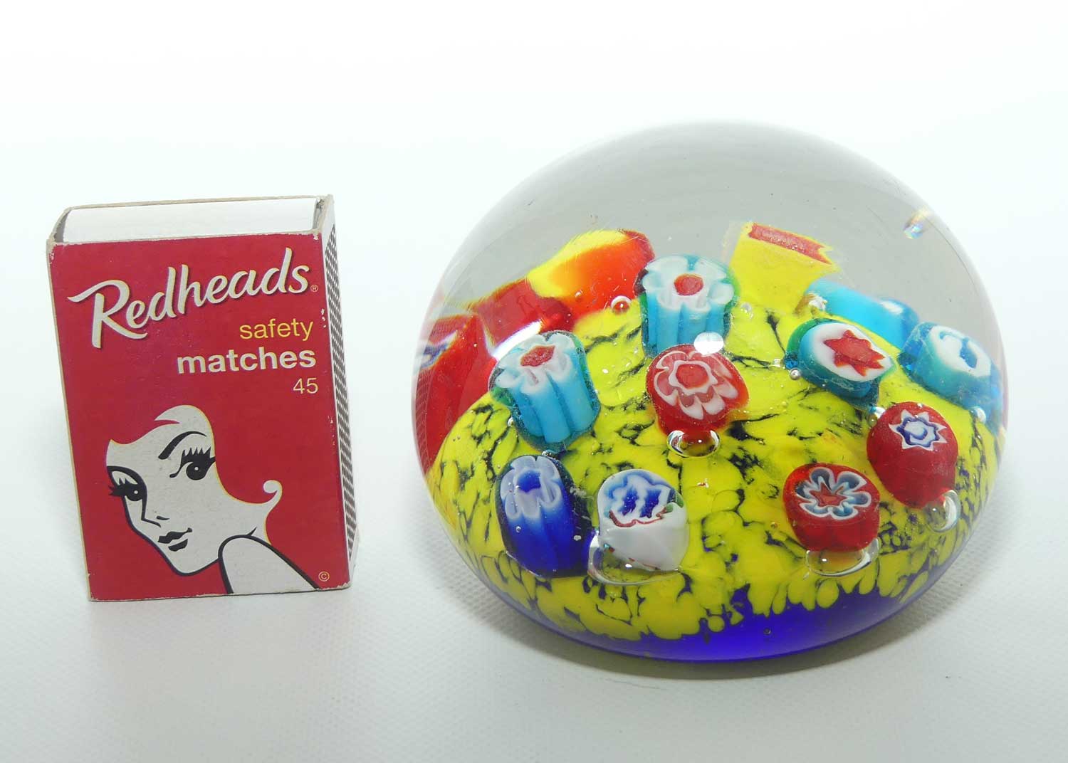 Controlled bubble with Yellow Cushion and extra large Millefiori canes paperweight