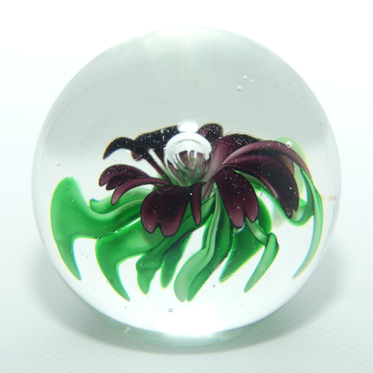 Controlled bubble with Purple and Green Flower large paperweight