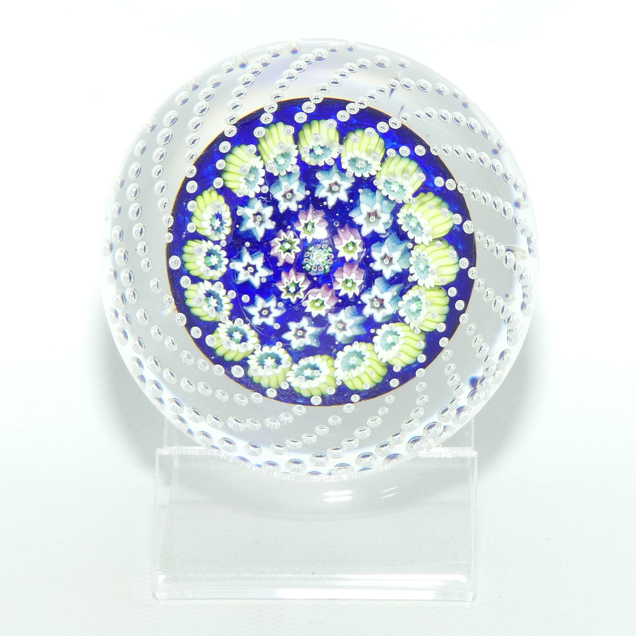 John Deacons Scotland Concentric Millefiori large paperweight | Bubbles | Dark Blue