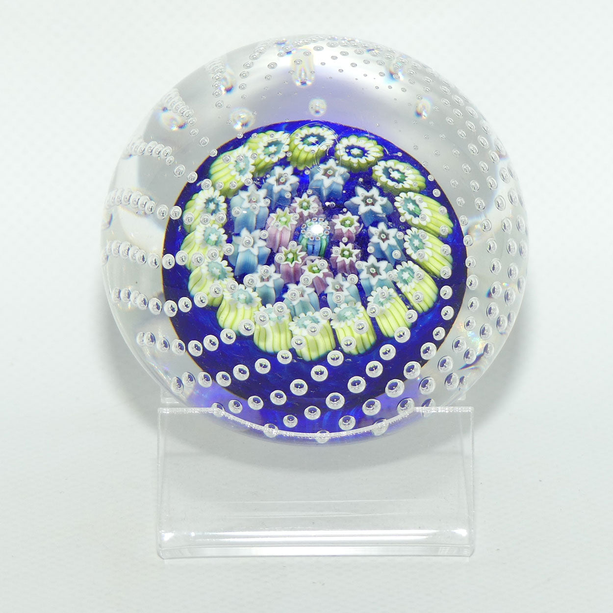 John Deacons Scotland Concentric Millefiori large paperweight | Bubbles | Dark Blue