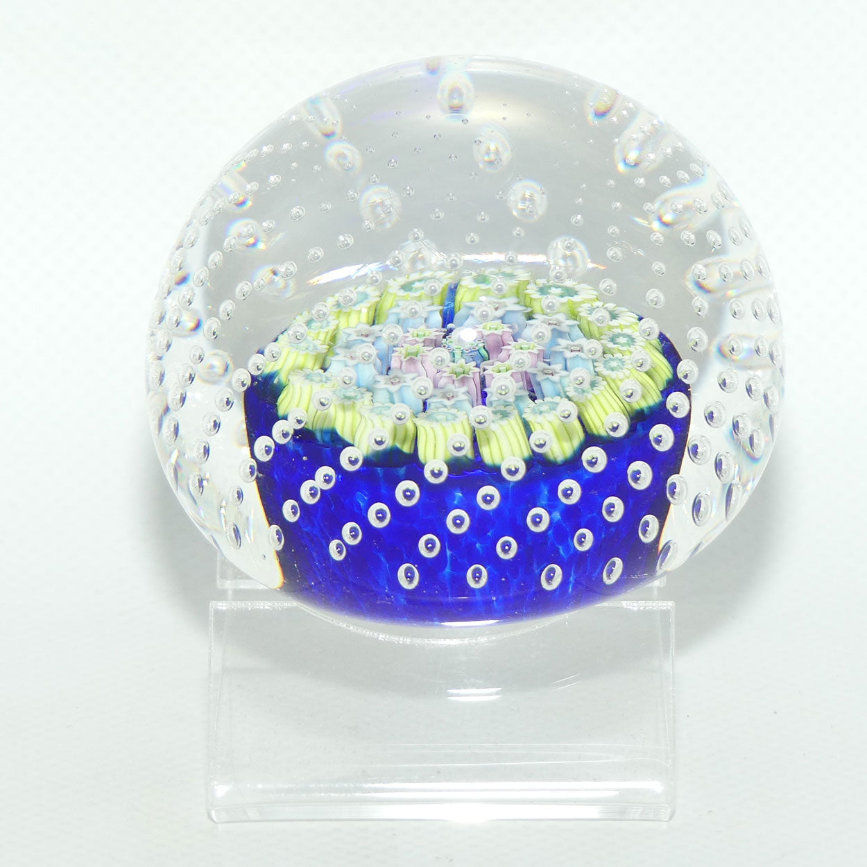 John Deacons Scotland Concentric Millefiori large paperweight | Bubbles | Dark Blue