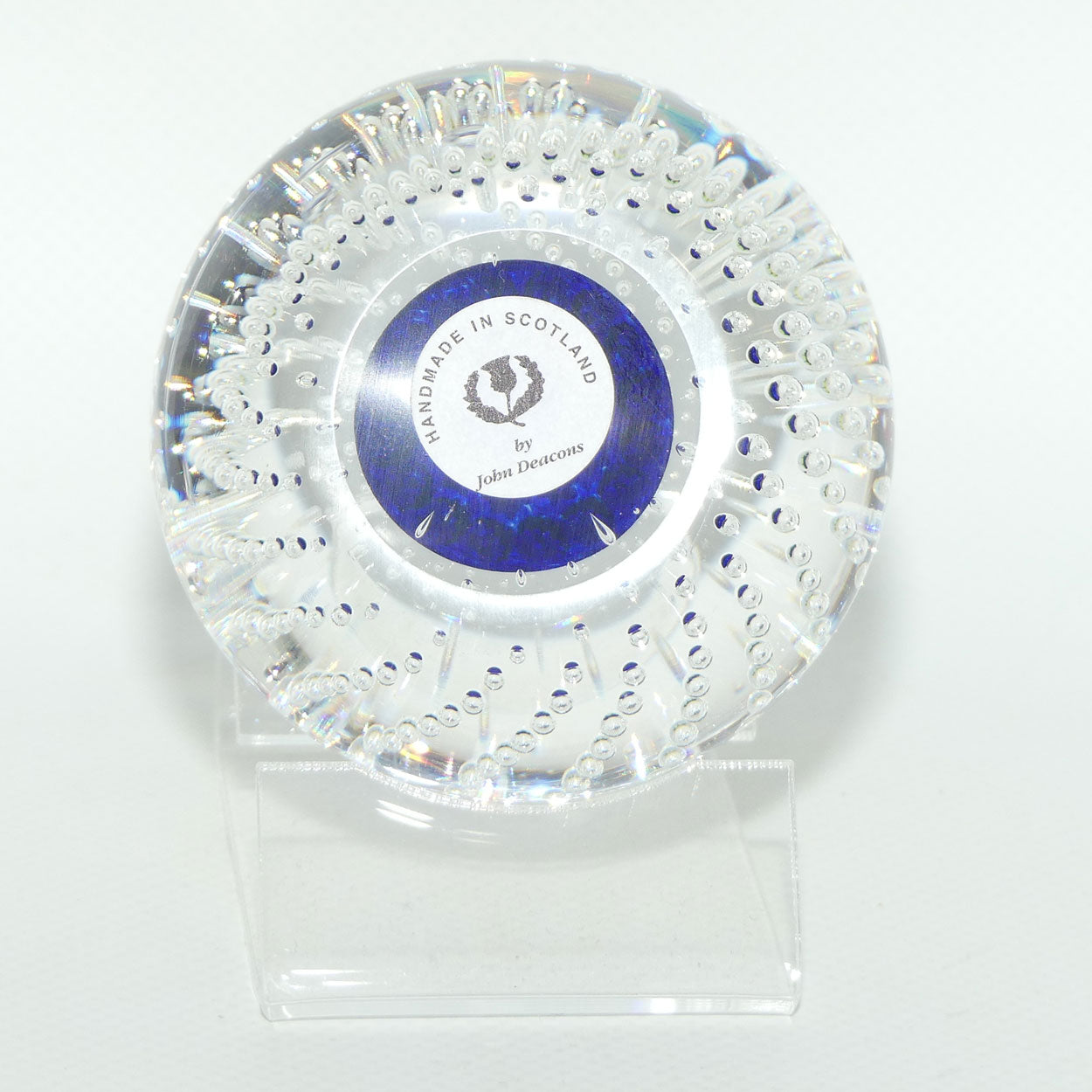 John Deacons Scotland Concentric Millefiori large paperweight | Bubbles | Dark Blue