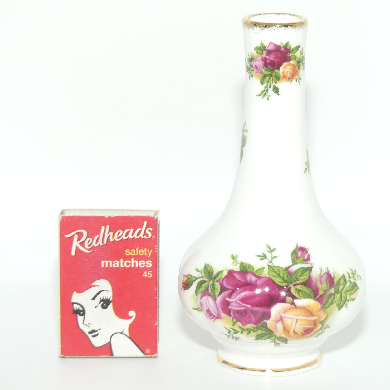 Royal Albert Bone China Old Country Roses narrow neck bud vase | © 1962 Royal Albert Ltd backstamp