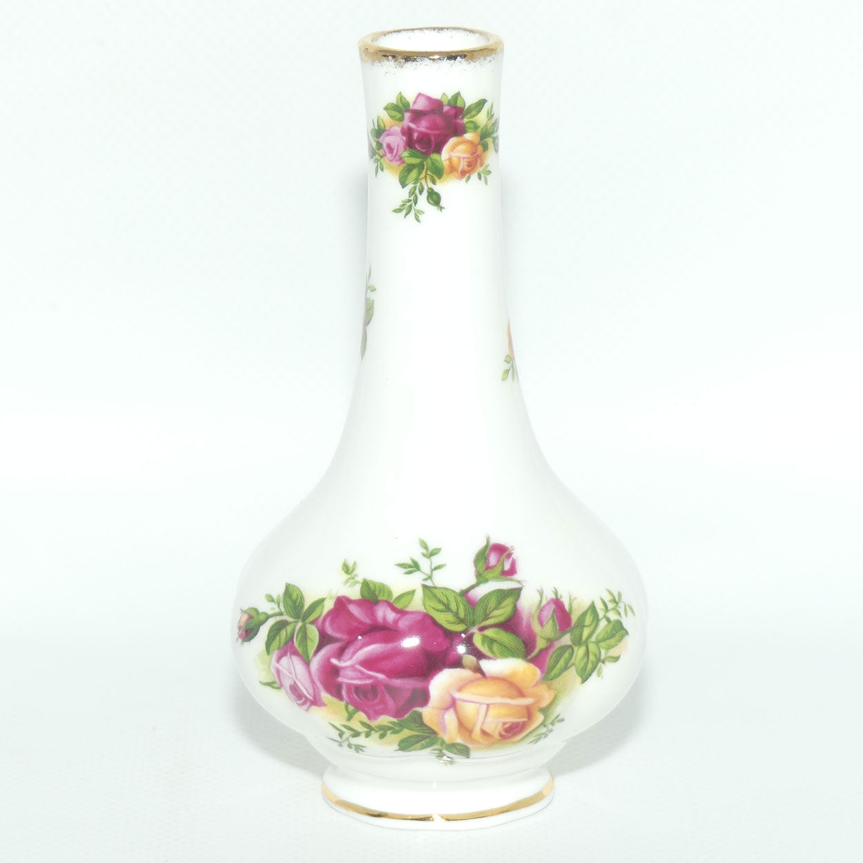 Royal Albert Bone China Old Country Roses narrow neck bud vase | © 1962 Royal Albert Ltd backstamp