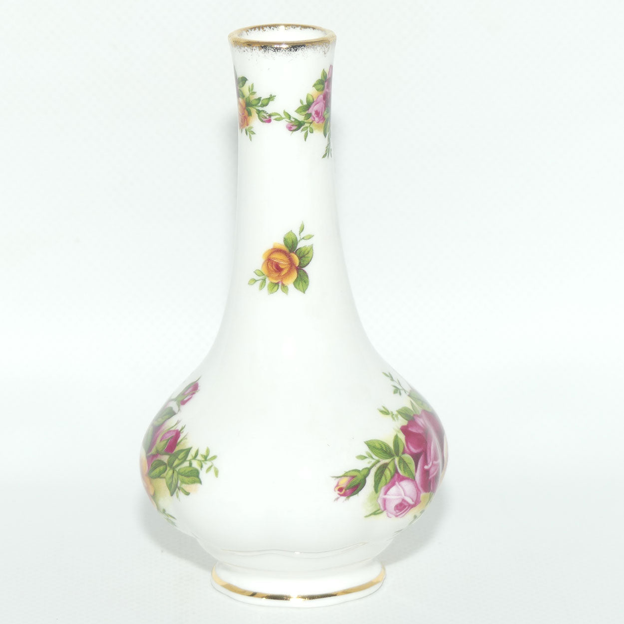 Royal Albert Bone China Old Country Roses narrow neck bud vase | © 1962 Royal Albert Ltd backstamp