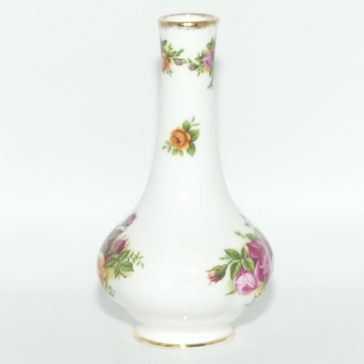 Royal Albert Bone China Old Country Roses narrow neck bud vase | © 1962 Royal Albert Ltd backstamp