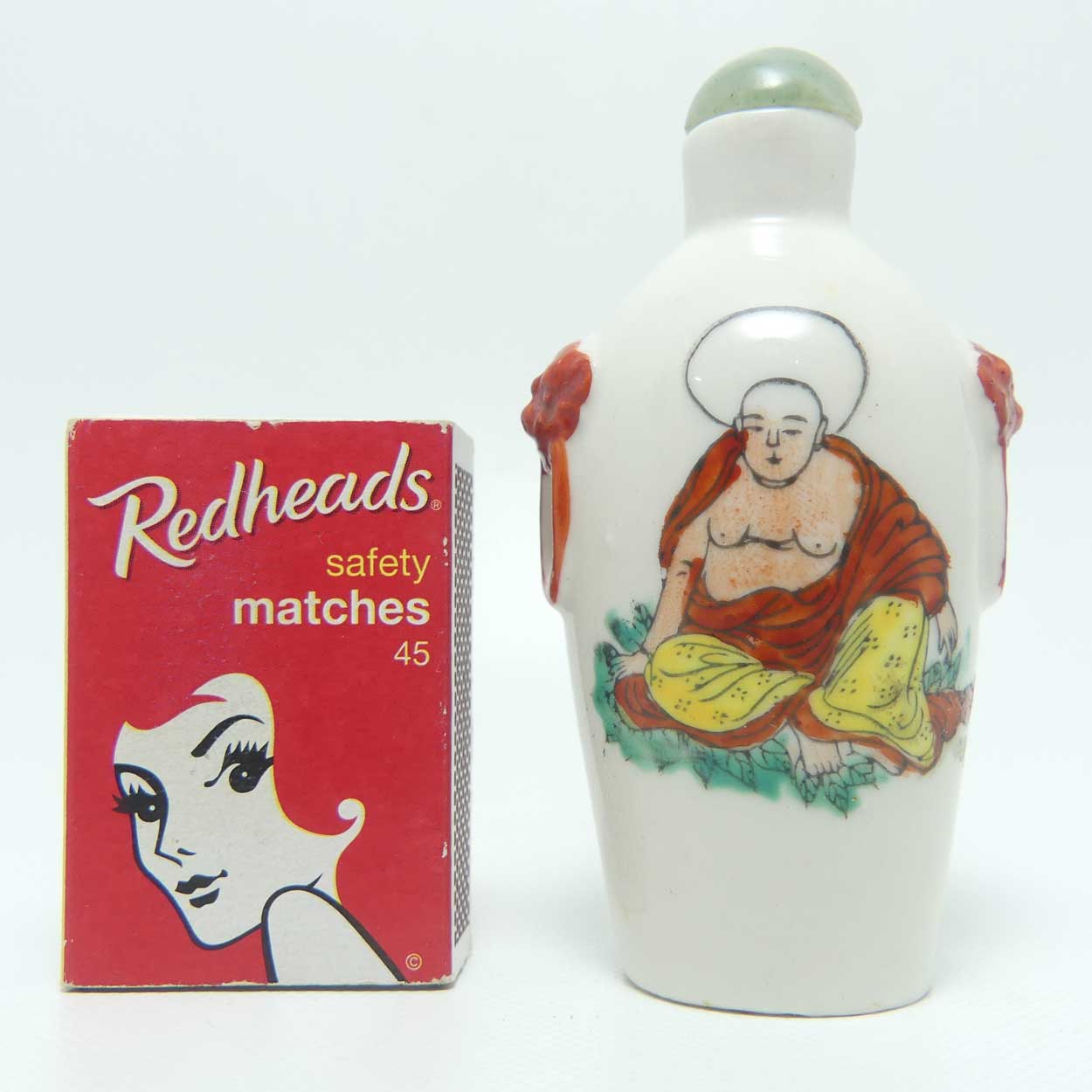 Vintage Porcelain Snuff Bottle | Buddha with Lion Ring handles