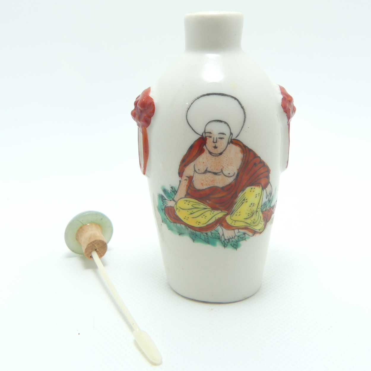 Vintage Porcelain Snuff Bottle | Buddha with Lion Ring handles