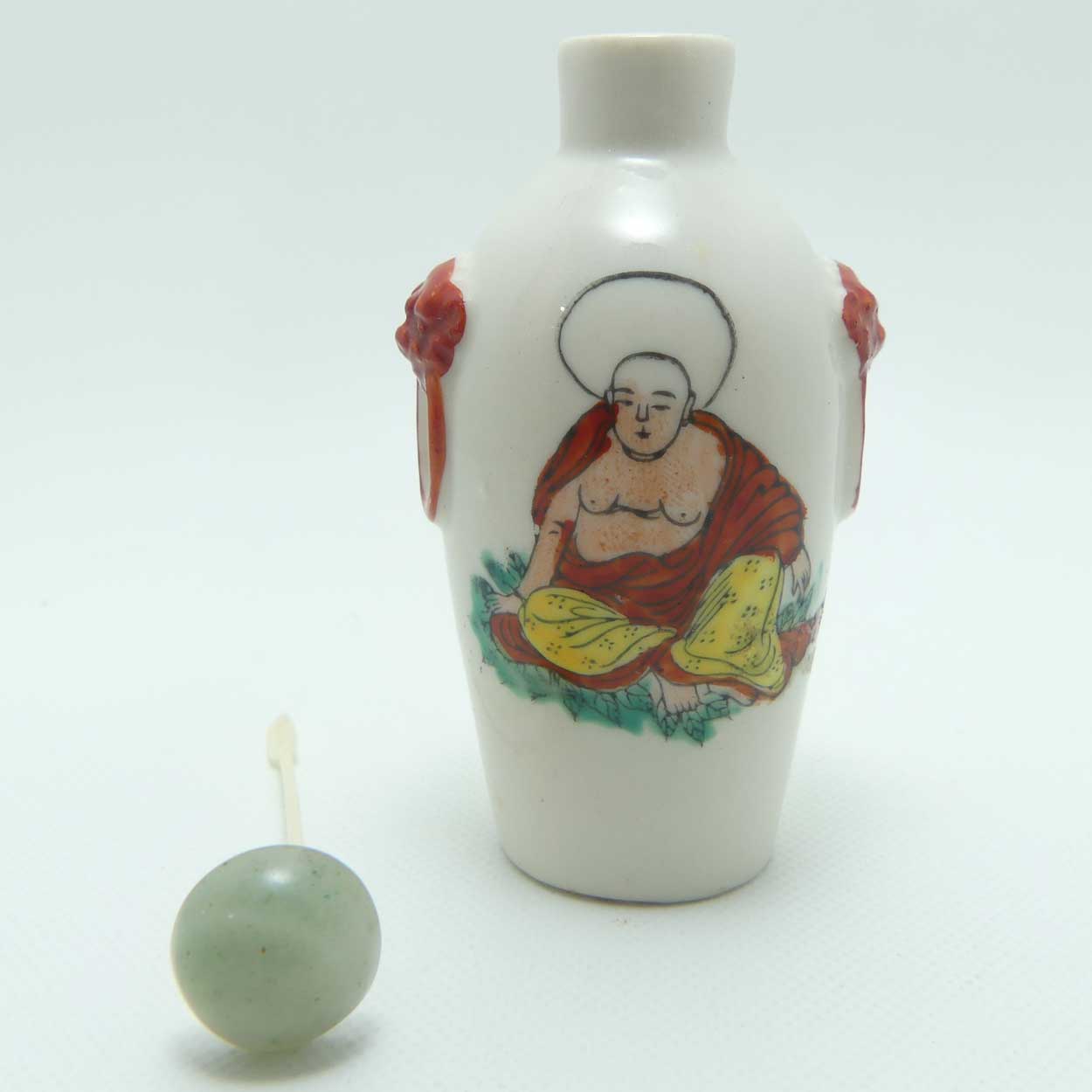 Vintage Porcelain Snuff Bottle | Buddha with Lion Ring handles