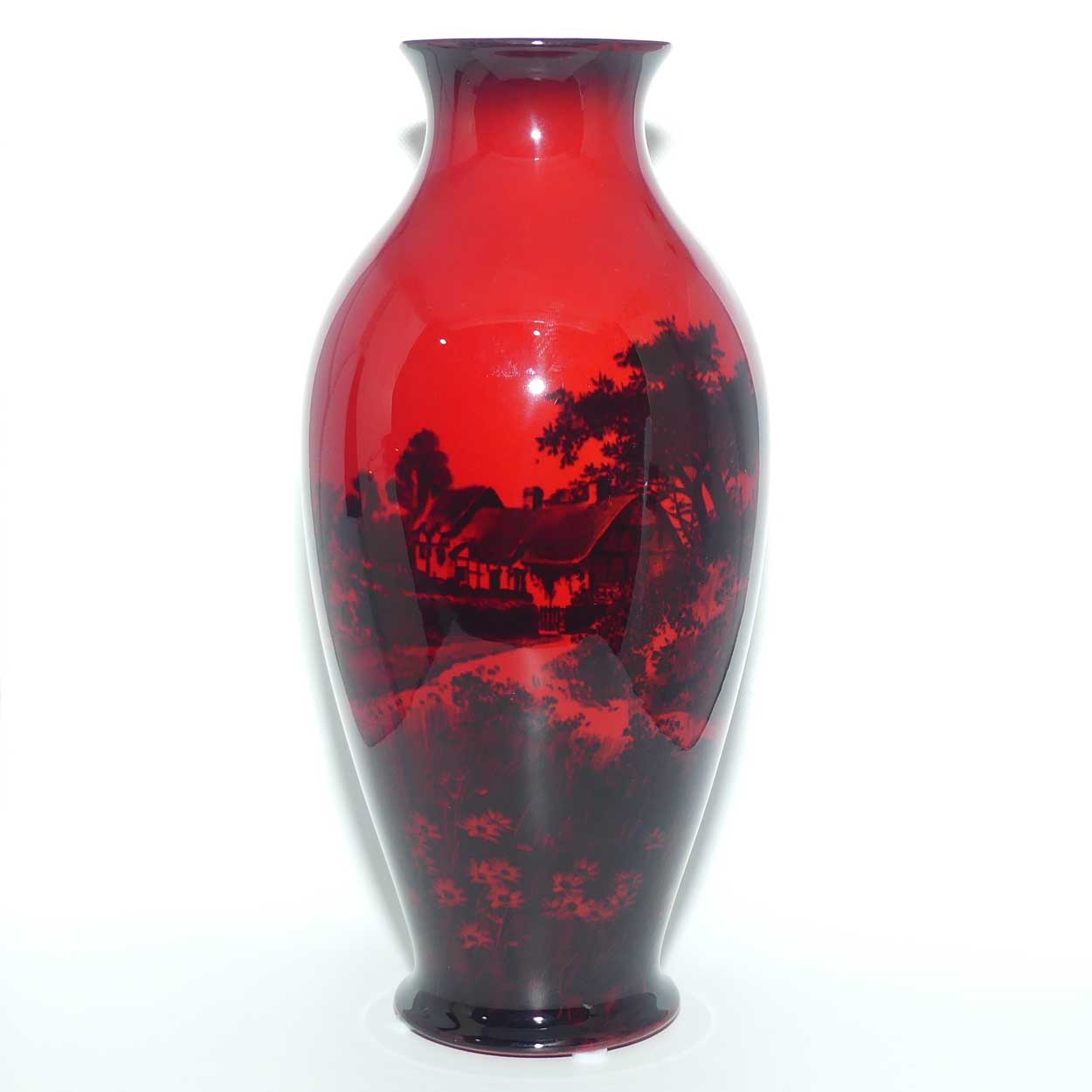 Royal Doulton Flambe bulbous shape vase | Thatched Cottage Farmhouse and Daisies | Shape 7798