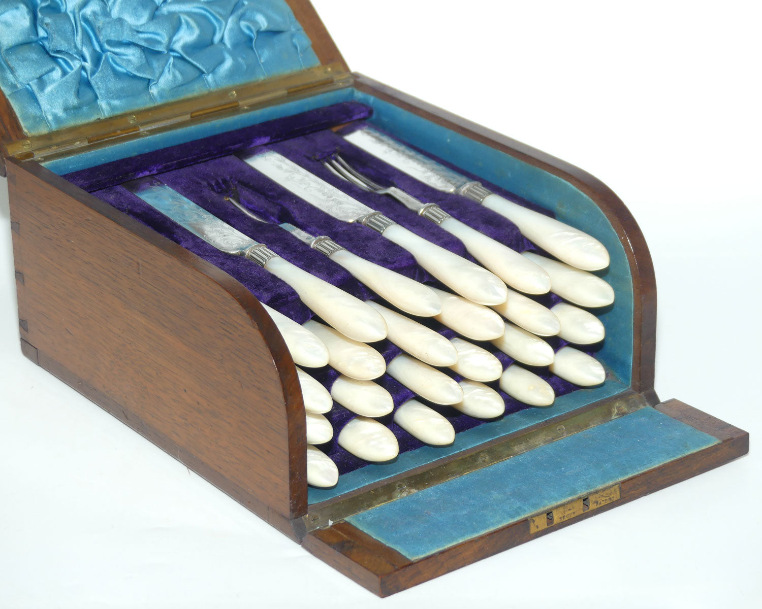 Superb set of 12 Mother of Pearl Fruit Knives and Forks in Burr Walnut canteen | John Dixon and Sons