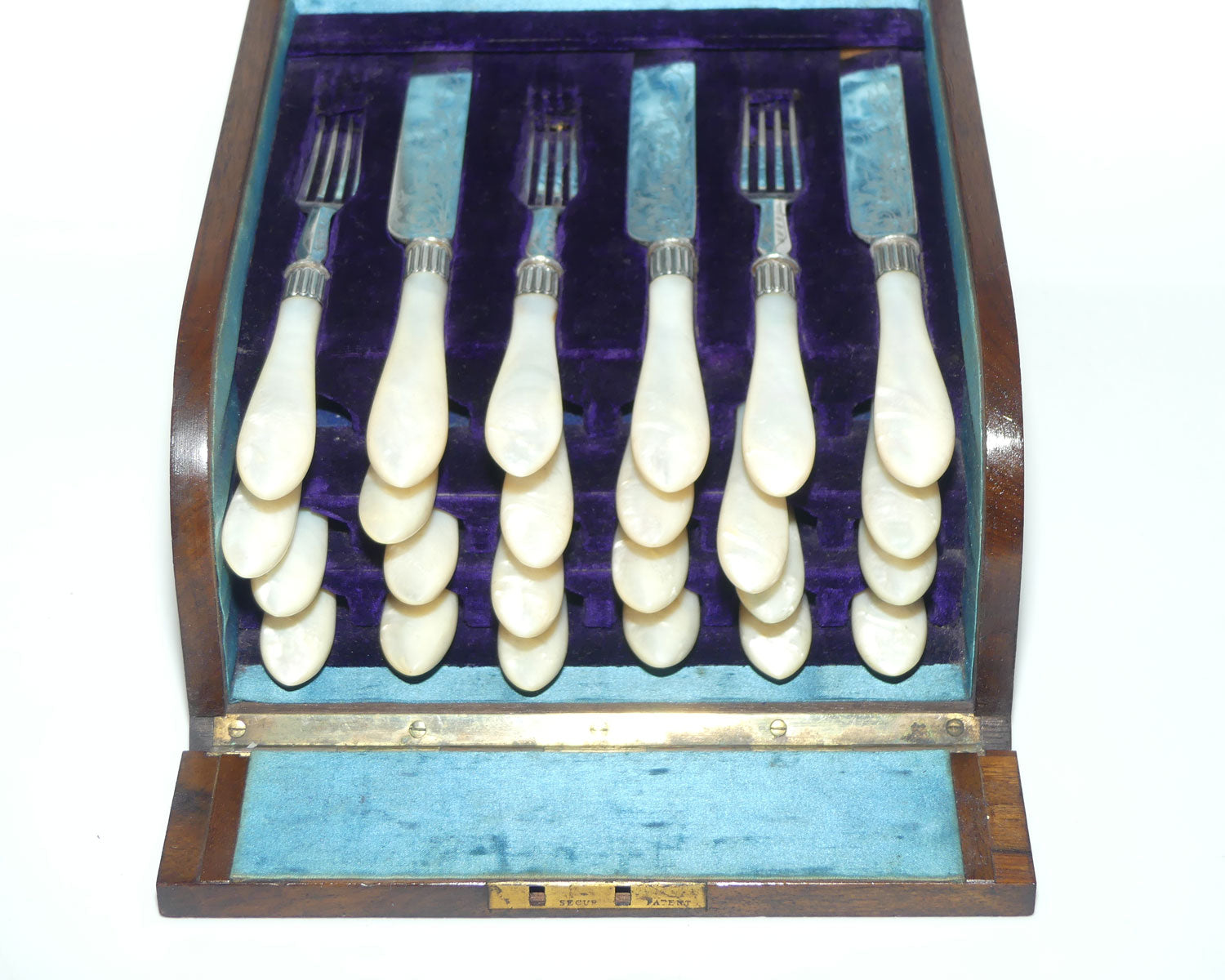 Superb set of 12 Mother of Pearl Fruit Knives and Forks in Burr Walnut canteen | John Dixon and Sons