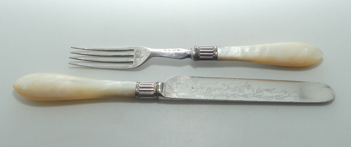 Superb set of 12 Mother of Pearl Fruit Knives and Forks in Burr Walnut canteen | John Dixon and Sons