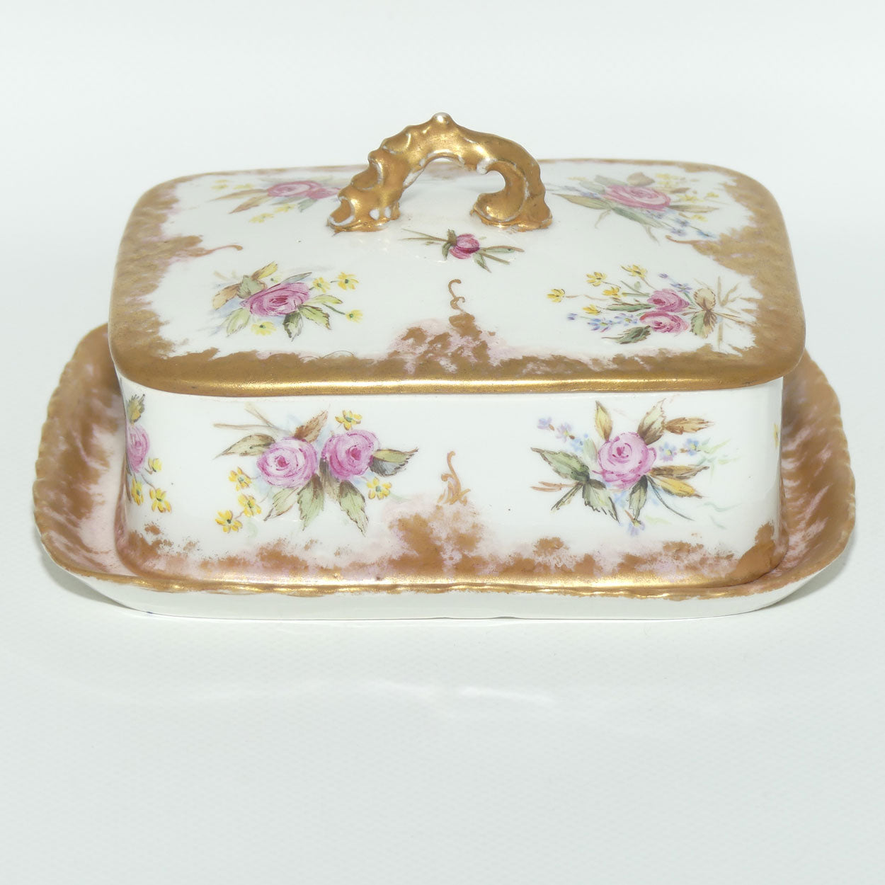 Early Australian China Painted butter dish and cover on tray | Roses | unmarked Ethel L Thomas