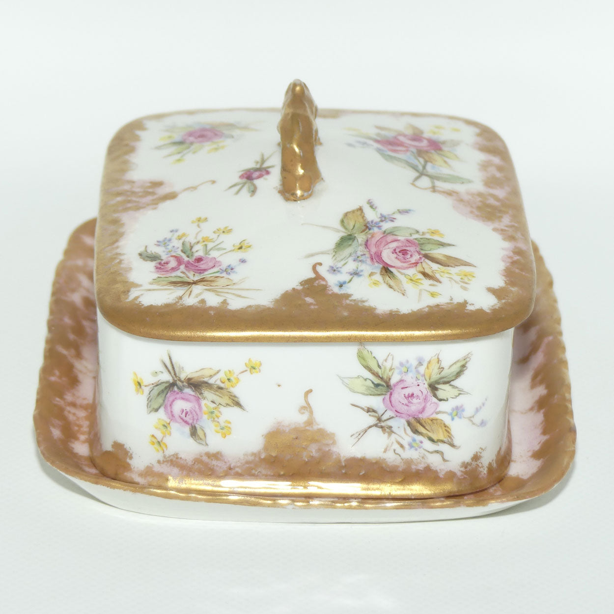 Early Australian China Painted butter dish and cover on tray | Roses | unmarked Ethel L Thomas