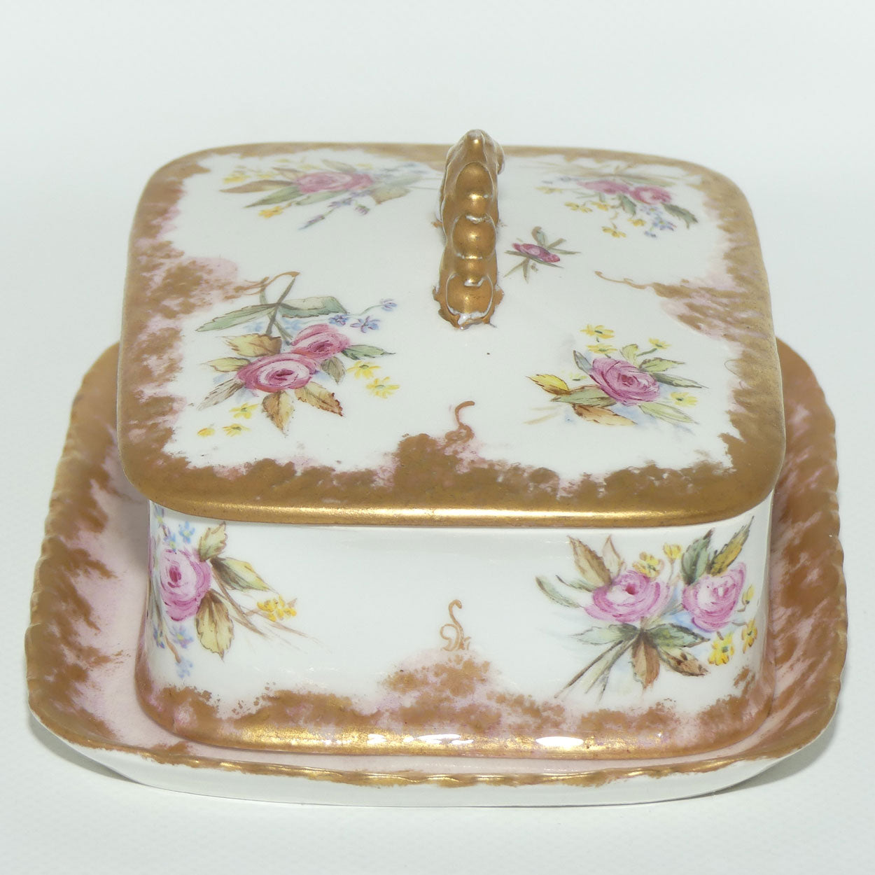 Early Australian China Painted butter dish and cover on tray | Roses | unmarked Ethel L Thomas
