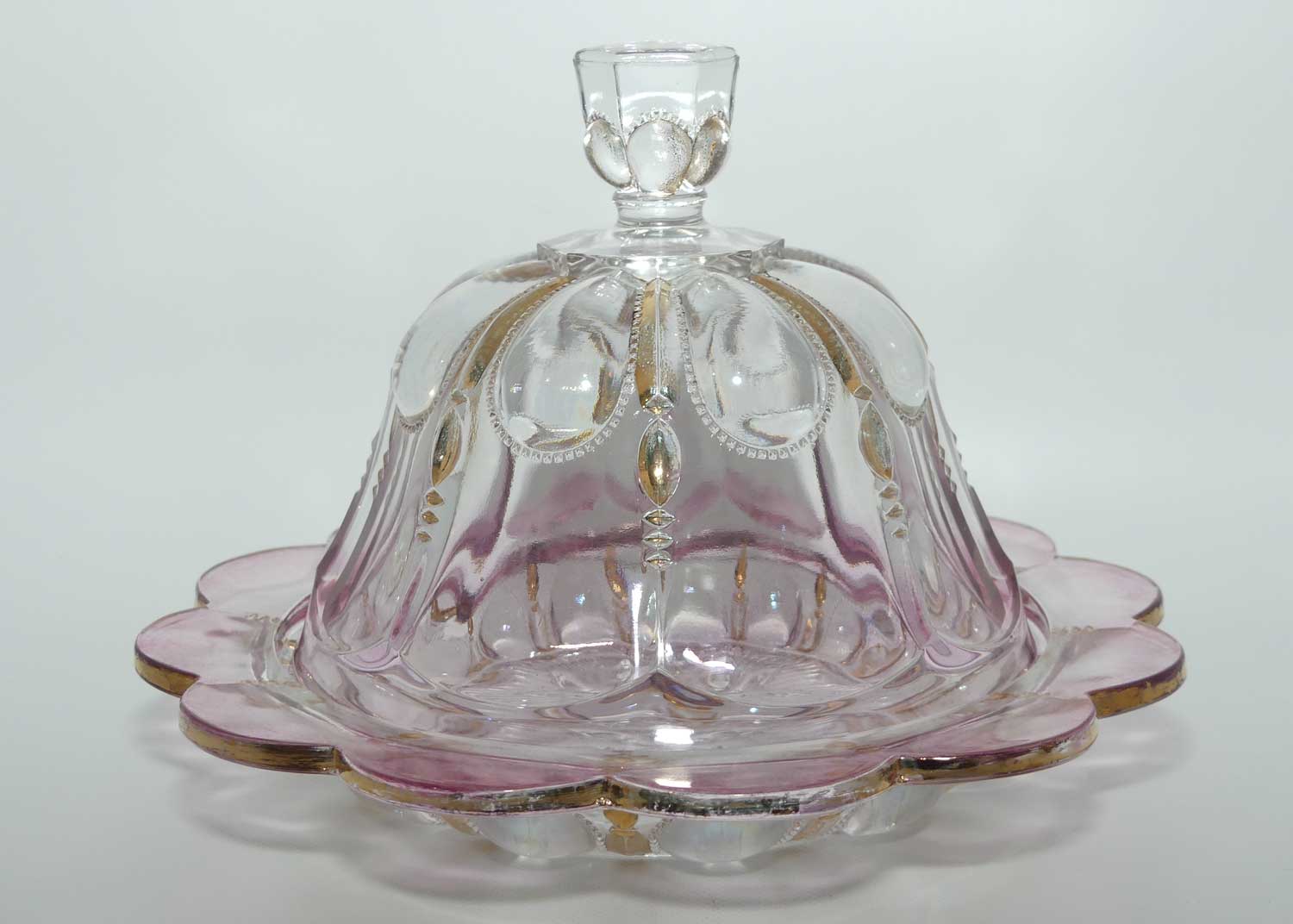 Early American Pressed Glass Rose Cranberry and Gilt Trim butter dish