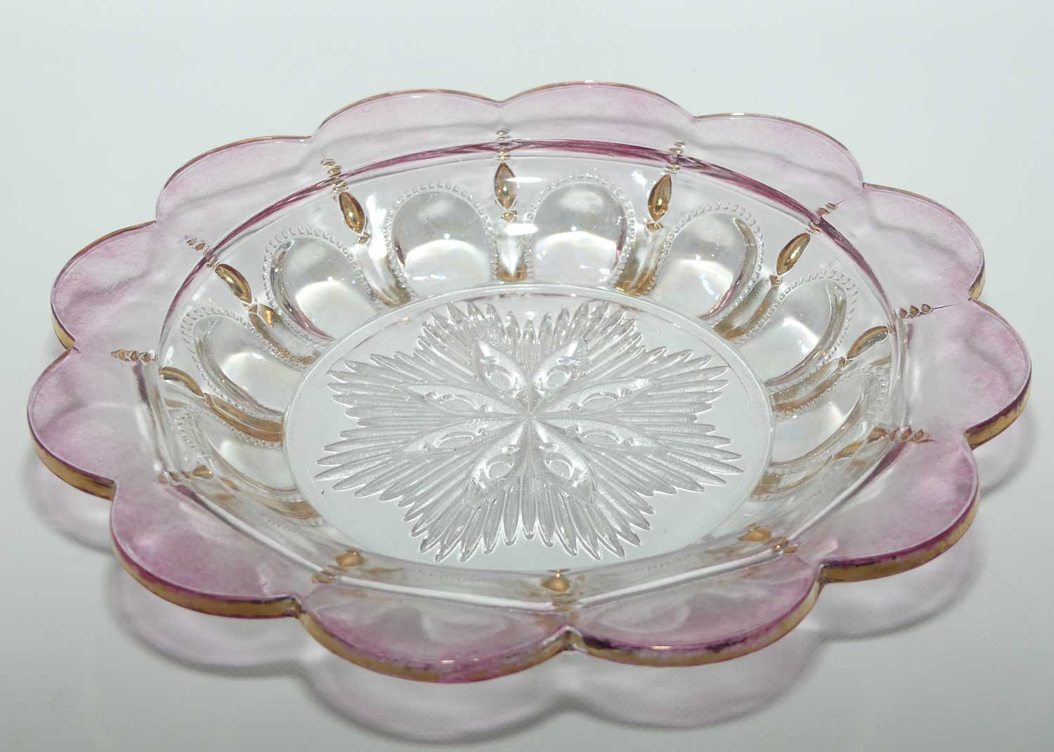 Early American Pressed Glass Rose Cranberry and Gilt Trim butter dish