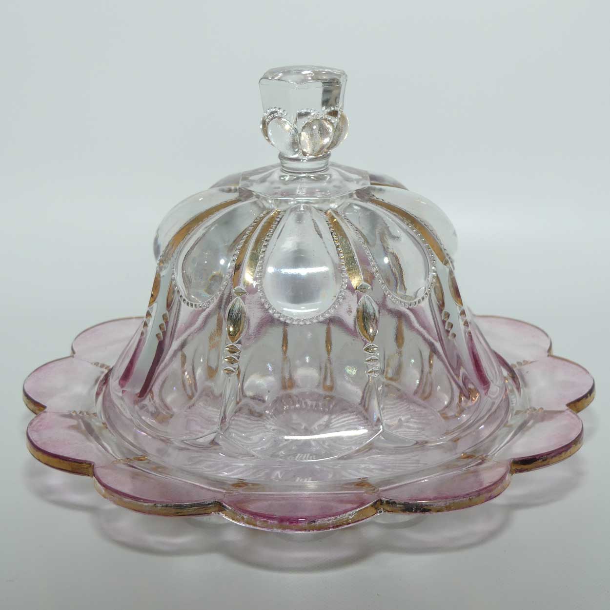 Early American Pressed Glass Rose Cranberry and Gilt Trim butter dish