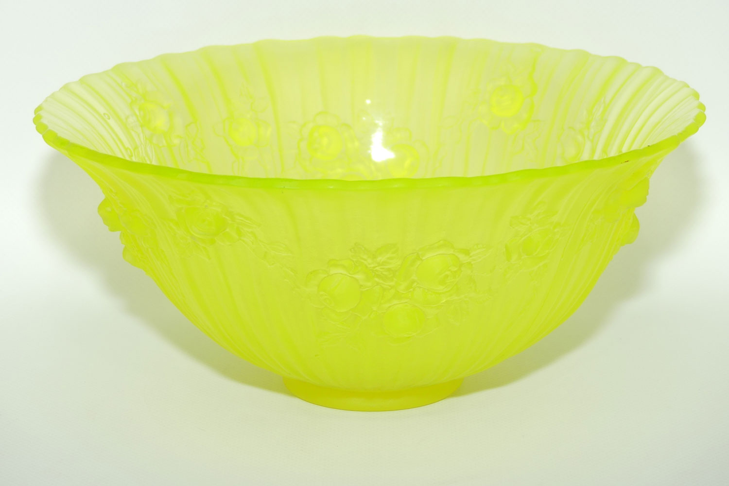 Citrine Glass Cabbage Rose pattern bowl | 24.5cm diam | Uranium Glow
