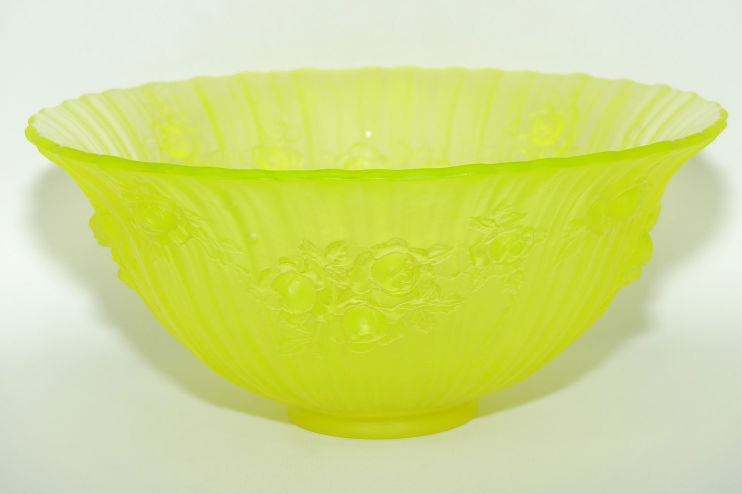 Citrine Glass Cabbage Rose pattern bowl | 24.5cm diam | Uranium Glow
