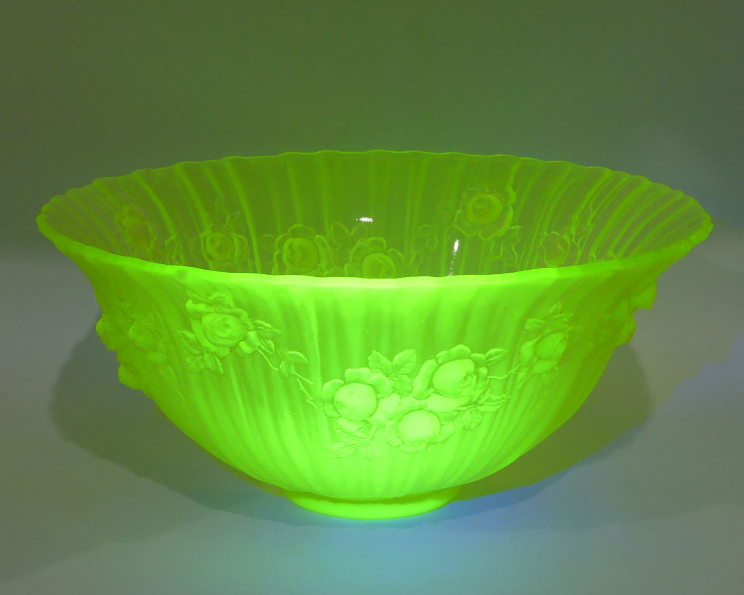 Citrine Glass Cabbage Rose pattern bowl | 24.5cm diam | Uranium Glow
