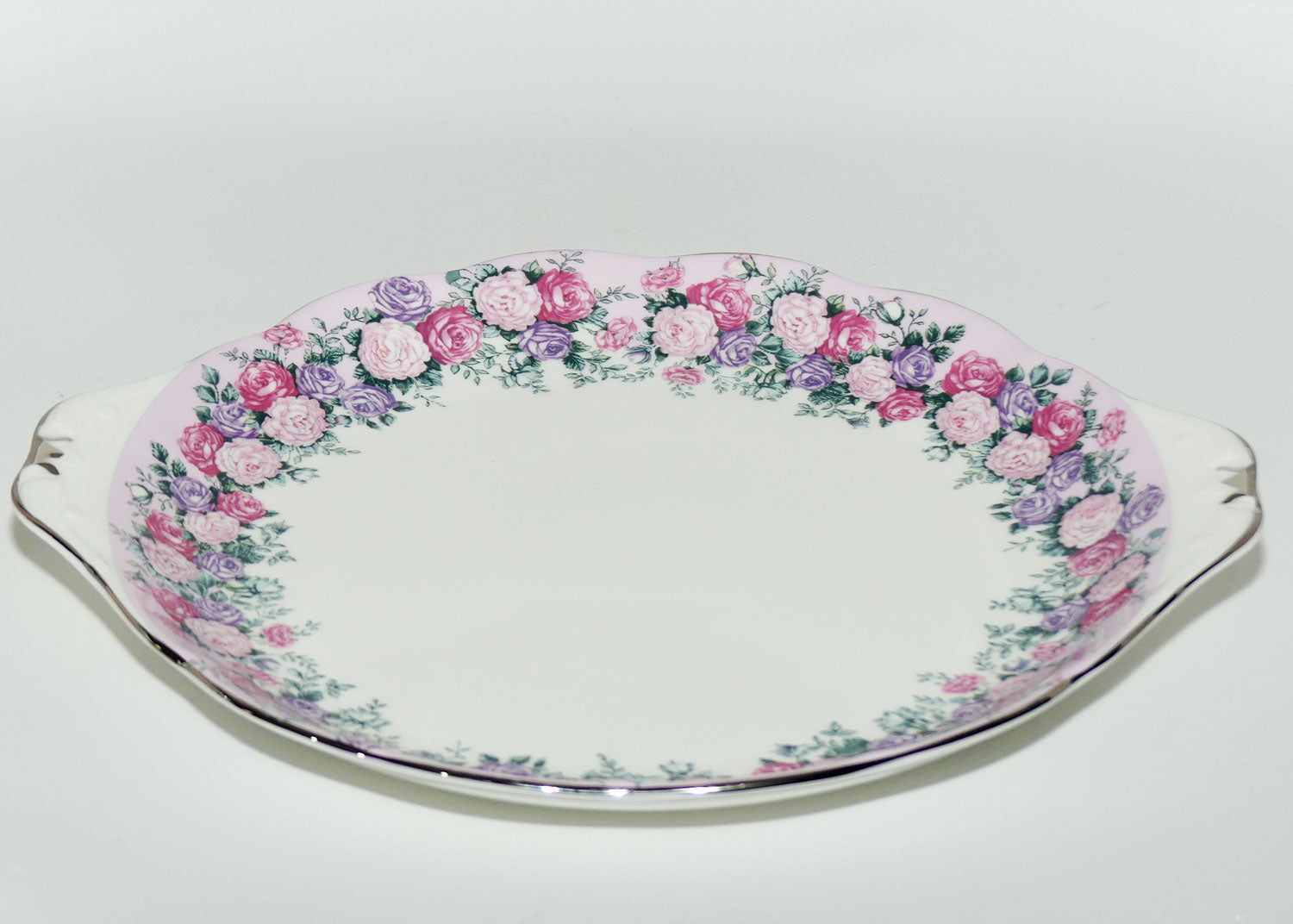 Royal Albert Bone China England Rose Garland tab handle cake plate | later stamp