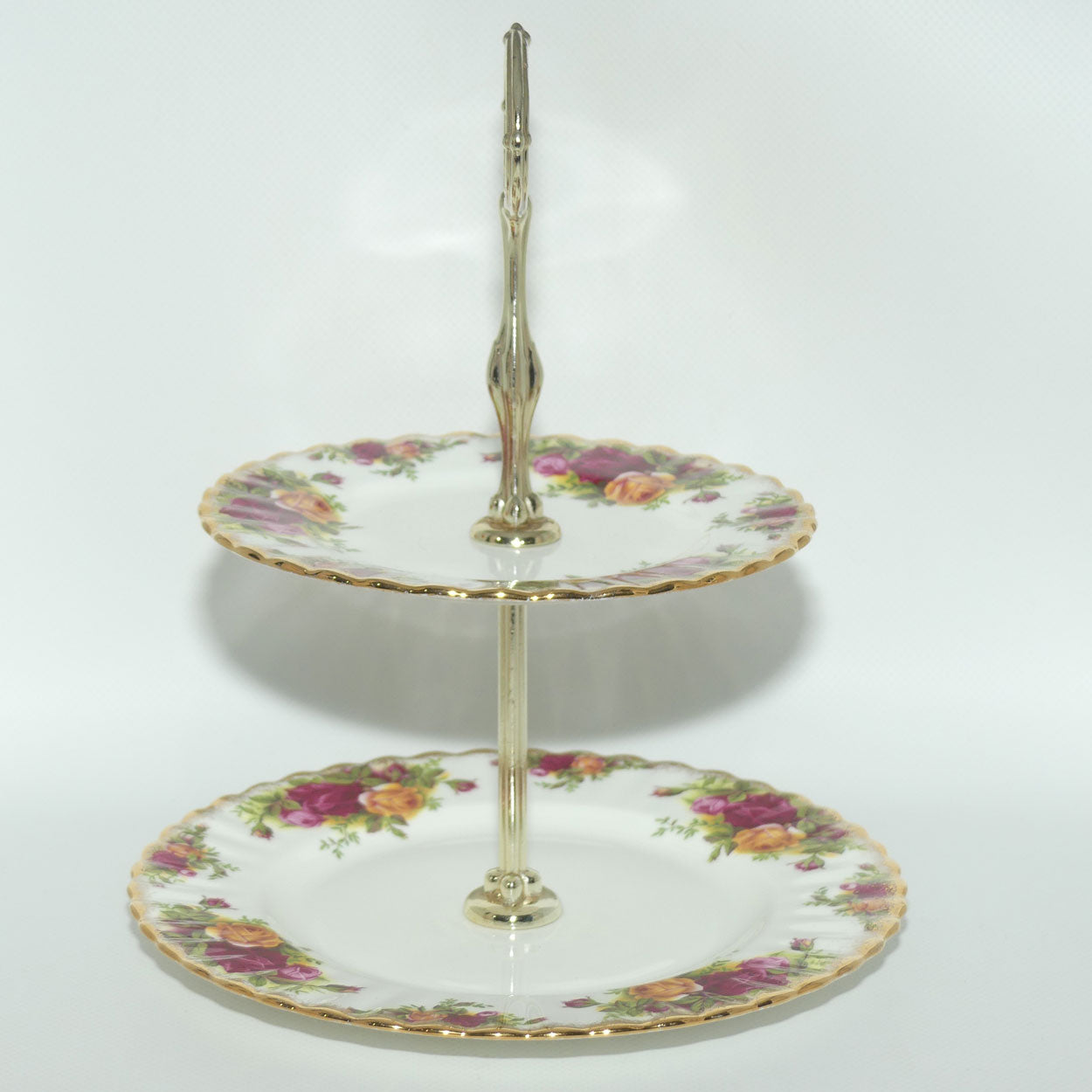 Royal Albert Bone China England Old Country Roses two tier handled cake stand | early stamp