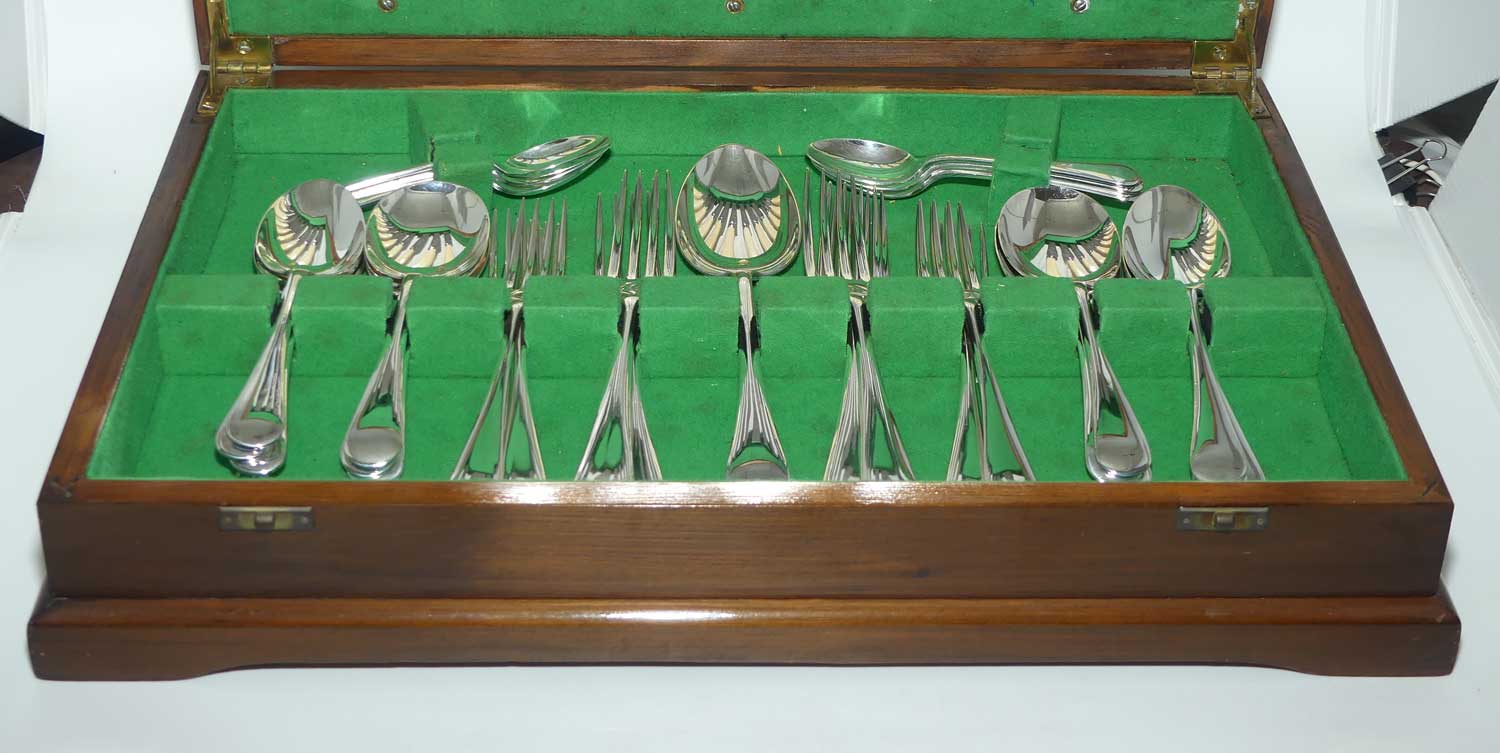 43 piece Silver plated Cutlery set with Faux Bone Handle Knives in Canteen