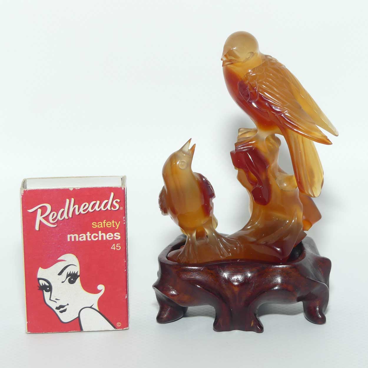 Mid 20th Century Chinese Carnelian Agate of Birds on wooden stand