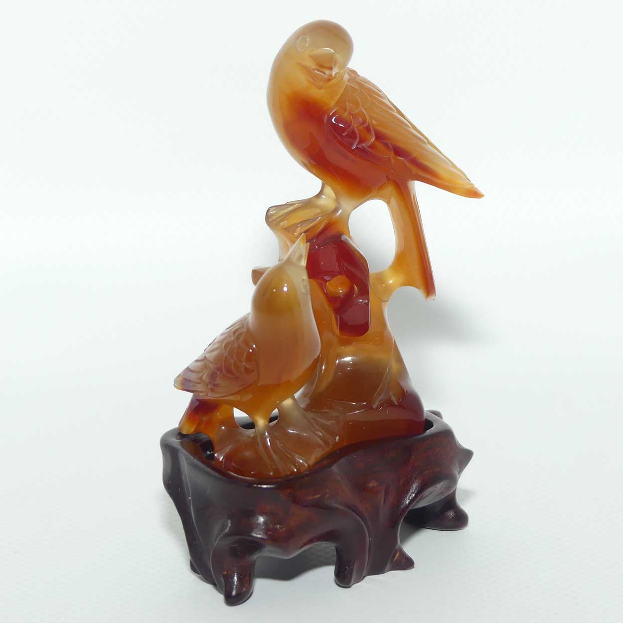 Mid 20th Century Chinese Carnelian Agate of Birds on wooden stand