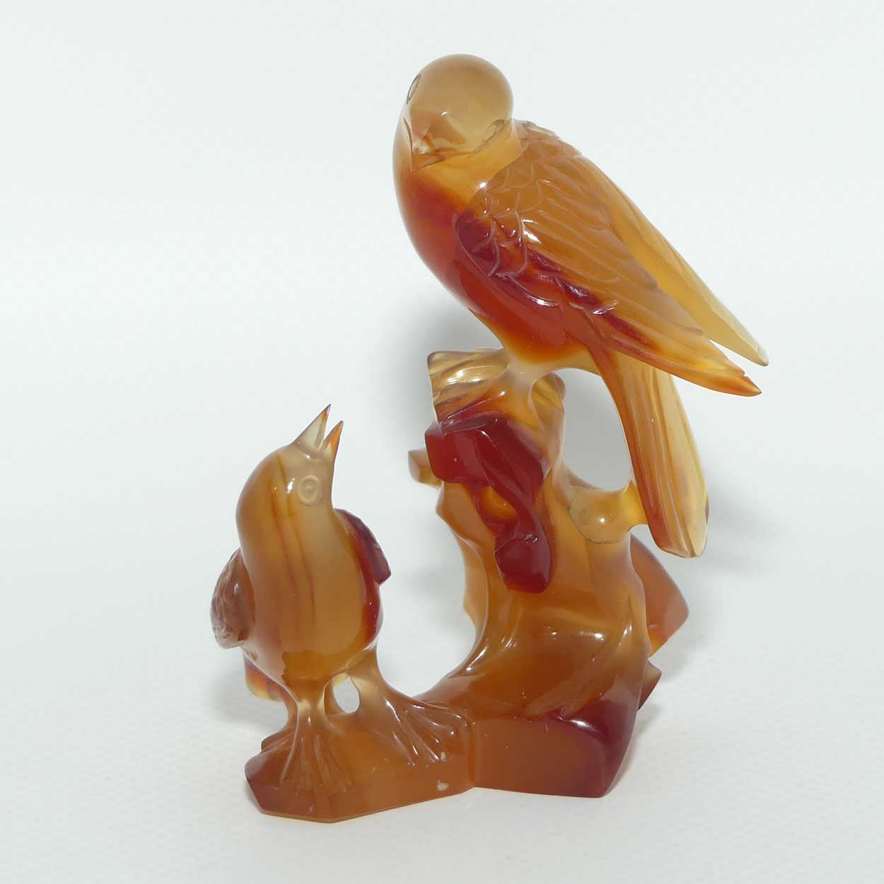 Mid 20th Century Chinese Carnelian Agate of Birds on wooden stand