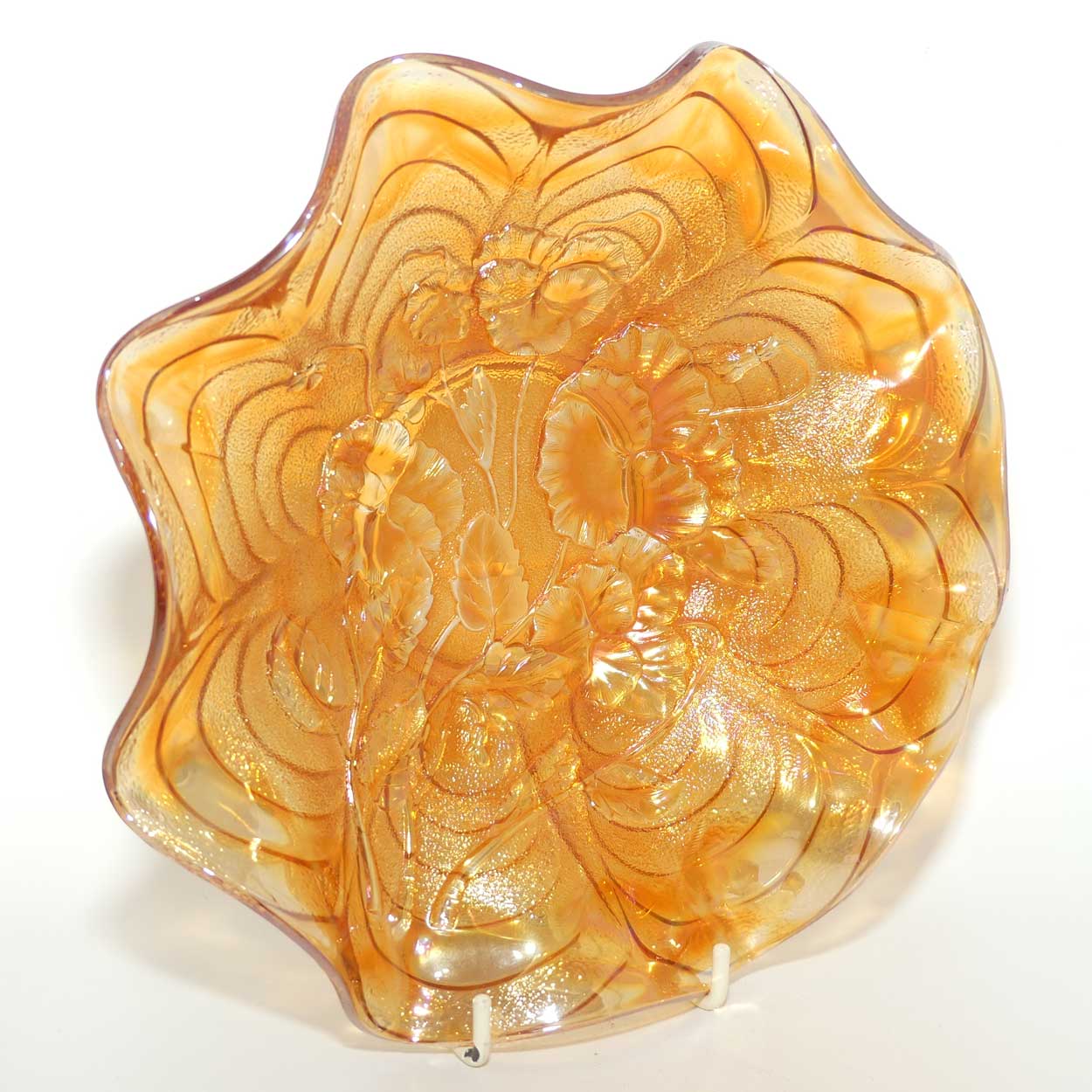 Marigold Carnival glass bowl | Pansies | 23cm diam