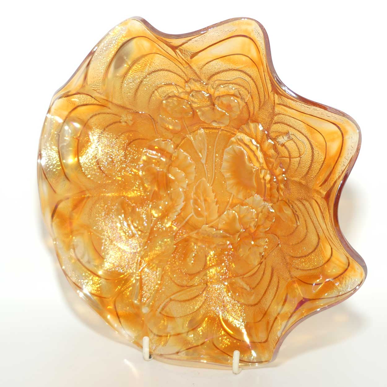 Marigold Carnival glass bowl | Pansies | 23cm diam