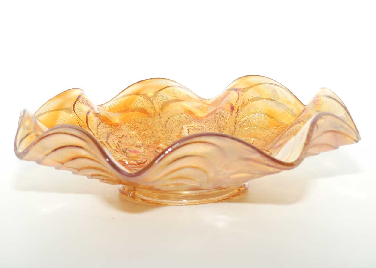 Marigold Carnival glass bowl | Pansies | 23cm diam