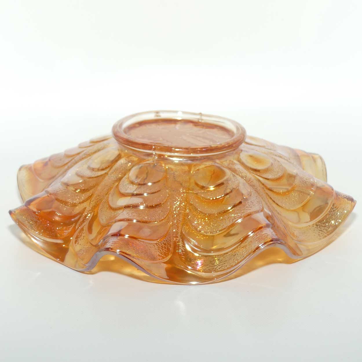 Marigold Carnival glass bowl | Pansies | 23cm diam