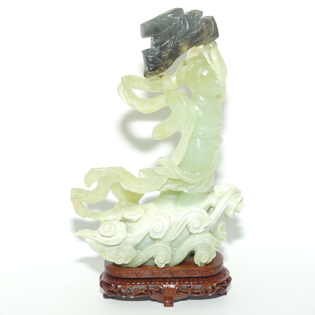 Mid 20th Century Chinese Nephrite Green Jade Lady Carrying Log to Afterlife on stand