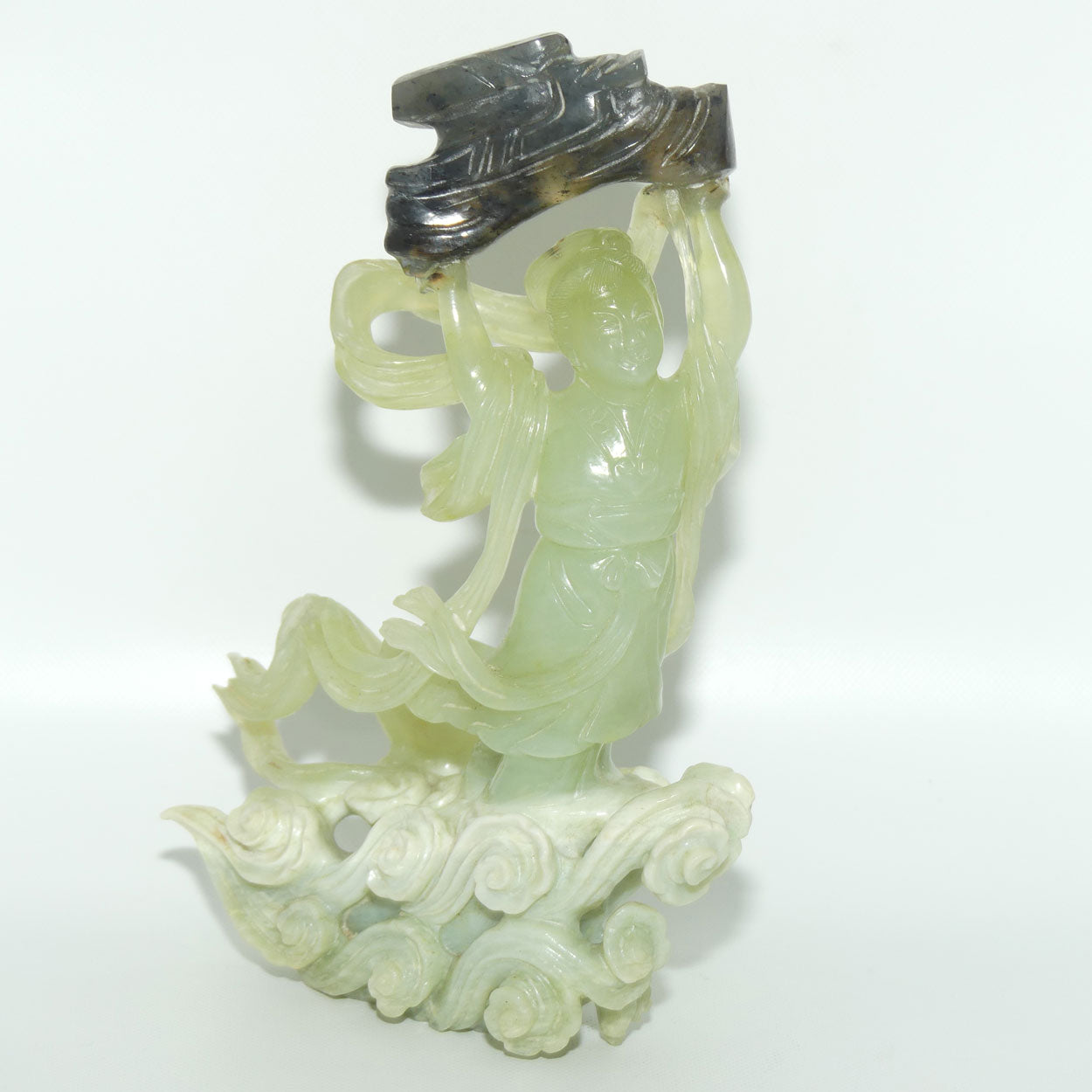 Mid 20th Century Chinese Nephrite Green Jade Lady Carrying Log to Afterlife on stand