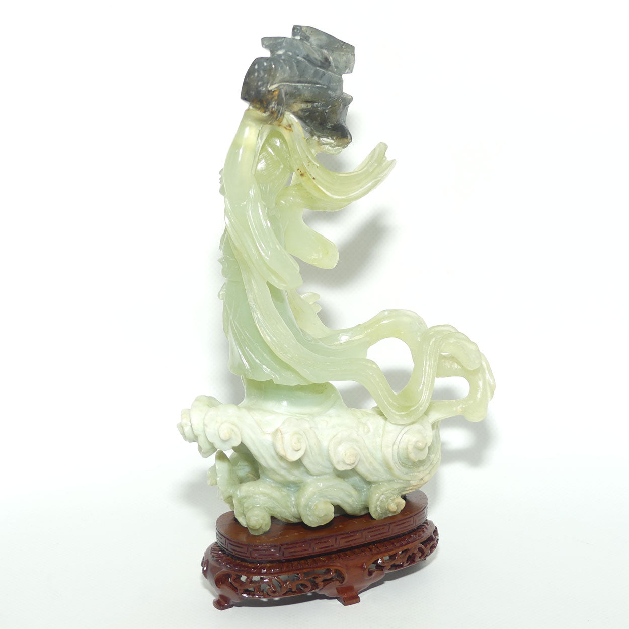Mid 20th Century Chinese Nephrite Green Jade Lady Carrying Log to Afterlife on stand