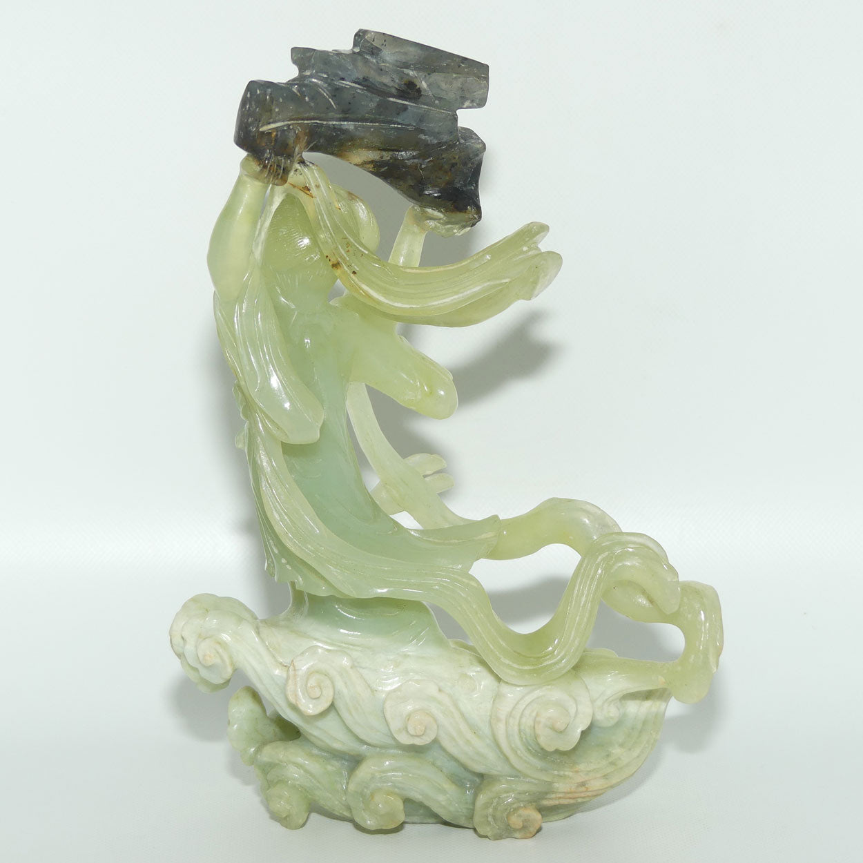 Mid 20th Century Chinese Nephrite Green Jade Lady Carrying Log to Afterlife on stand