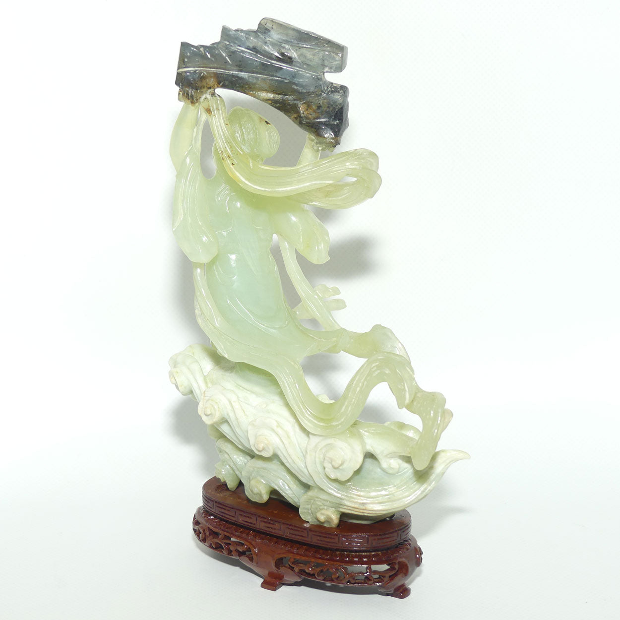 Mid 20th Century Chinese Nephrite Green Jade Lady Carrying Log to Afterlife on stand