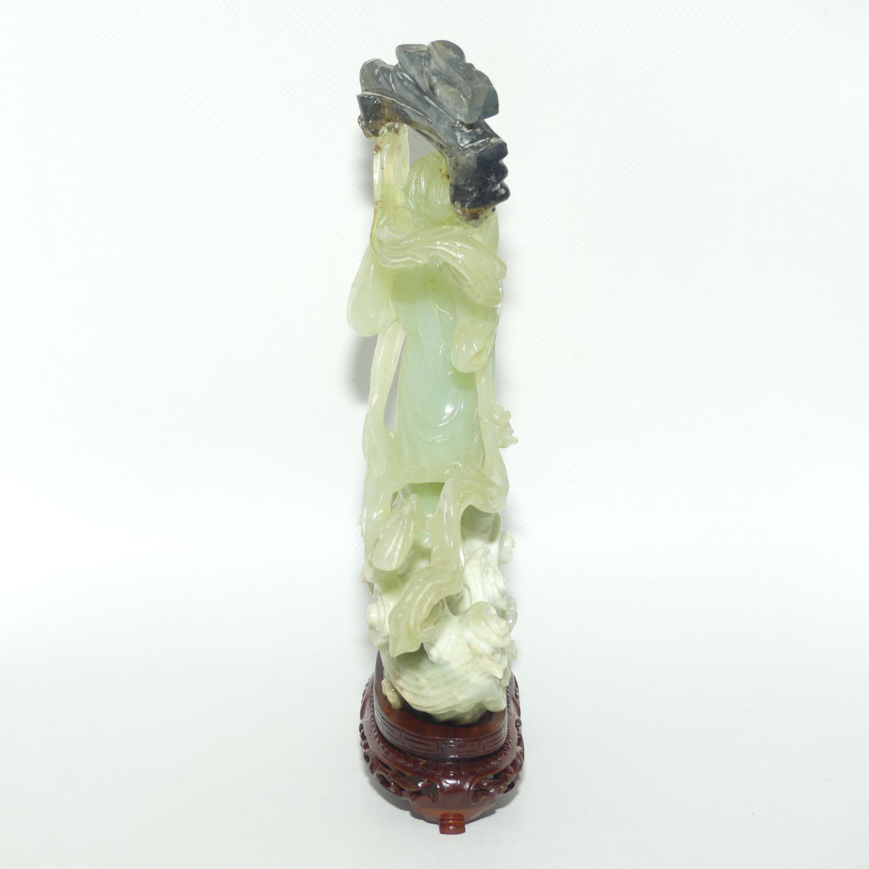 Mid 20th Century Chinese Nephrite Green Jade Lady Carrying Log to Afterlife on stand
