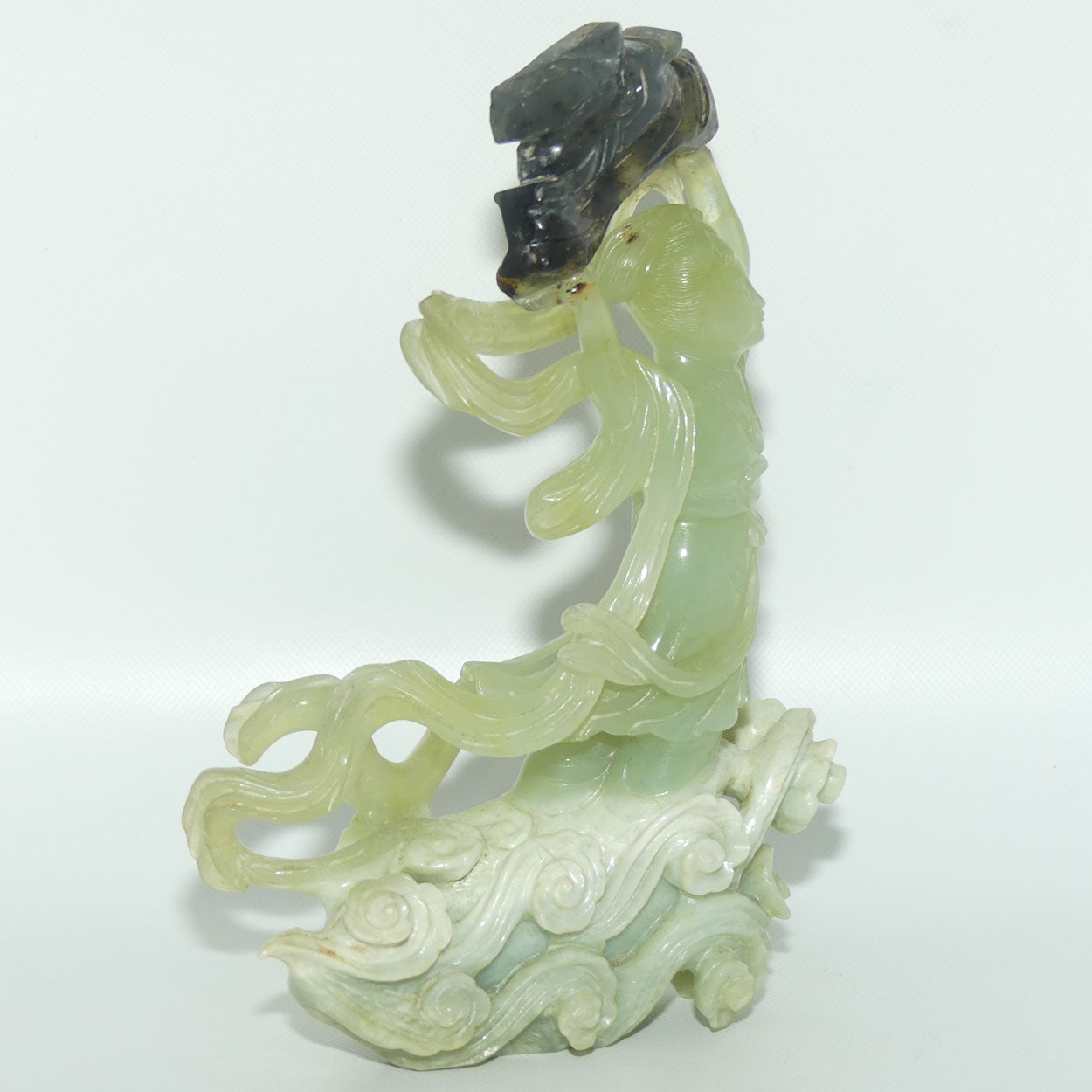 Mid 20th Century Chinese Nephrite Green Jade Lady Carrying Log to Afterlife on stand