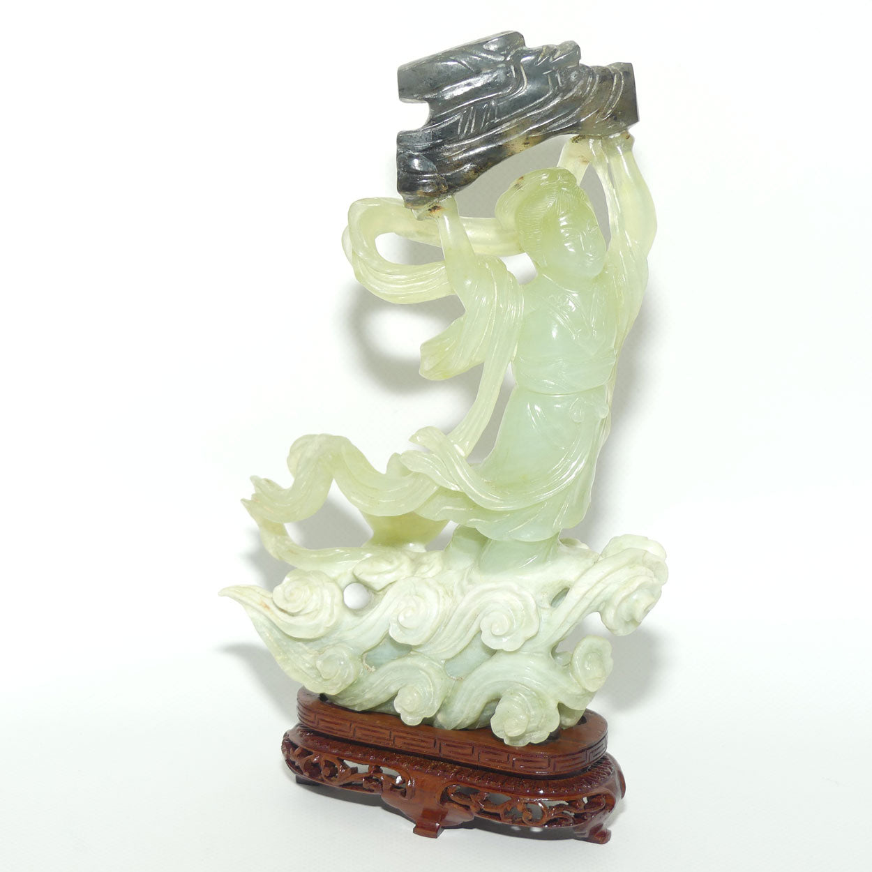 Mid 20th Century Chinese Nephrite Green Jade Lady Carrying Log to Afterlife on stand