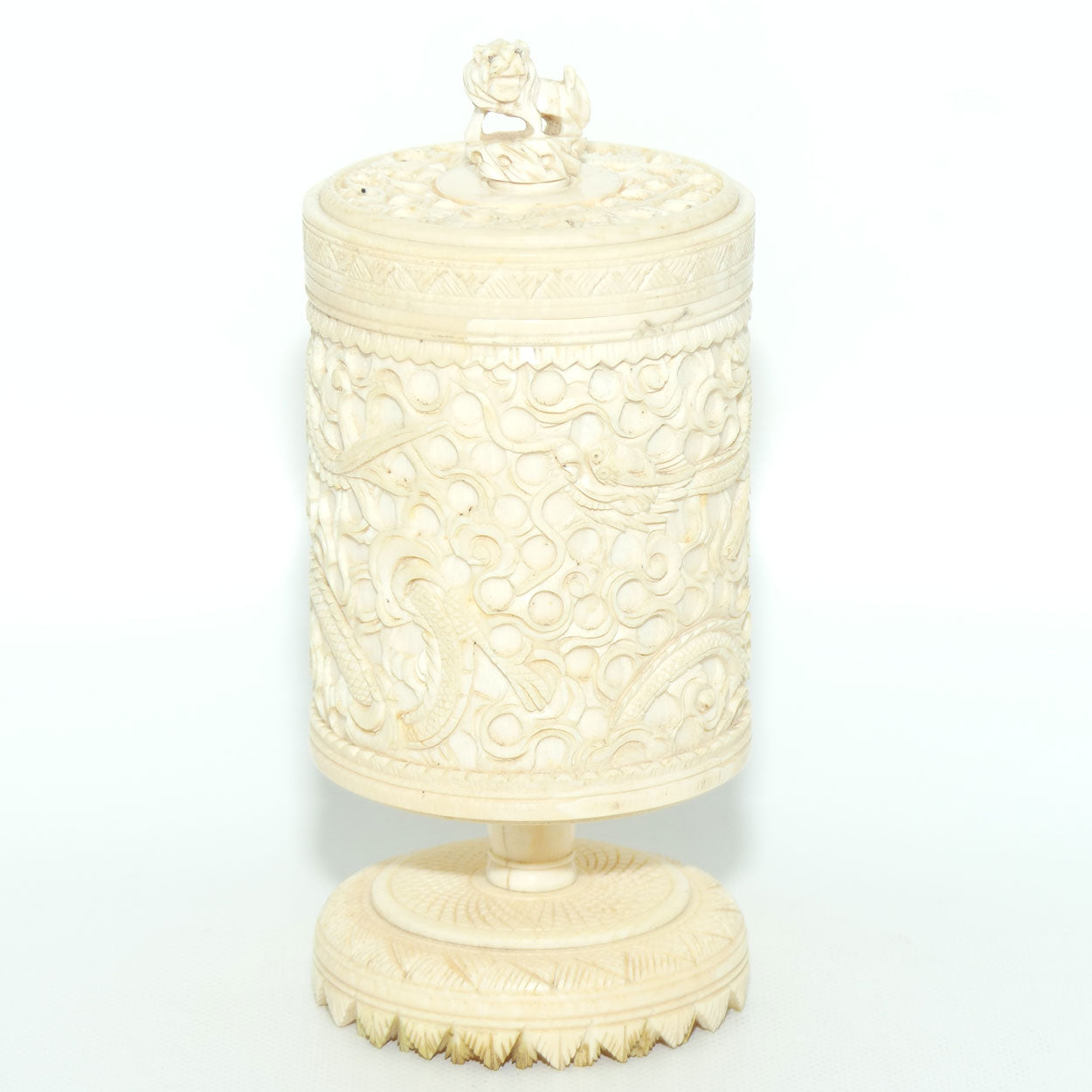 Elaborately carved Ivory lidded pot | Lion finial | Continuous Dragon