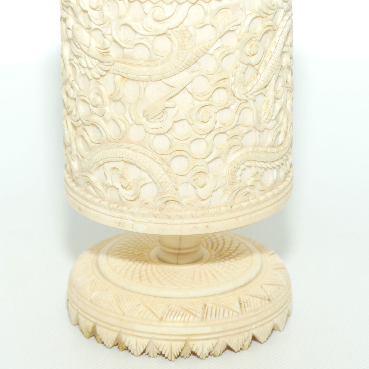 Elaborately carved Ivory lidded pot | Lion finial | Continuous Dragon